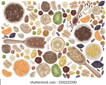 Nuts and dried fruits doodle set. Vector illustration design.