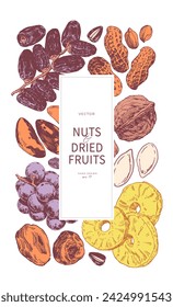 Nueces y frutos secos dibujados a mano ilustraciones. Plantilla de diseño de fondo