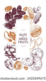 Nueces y frutos secos dibujados a mano ilustraciones. Plantilla de diseño de fondo