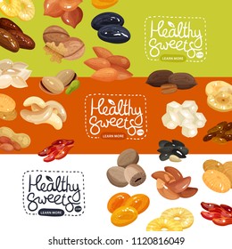 Nuts and dried fruits horizontal banners set with peanut apricot prune pineapple cashew hazelnut flat isolated vector illustration