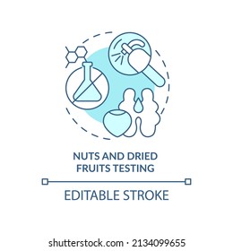 Nueces y frutos secos probando el icono del concepto turquesa. Experiencia en el mercado de alimentos abstracta idea de la delgada línea ilustración. Dibujo de contorno aislado. Trazo editable. Fuentes Arial, Myriad Pro-Bold utilizadas