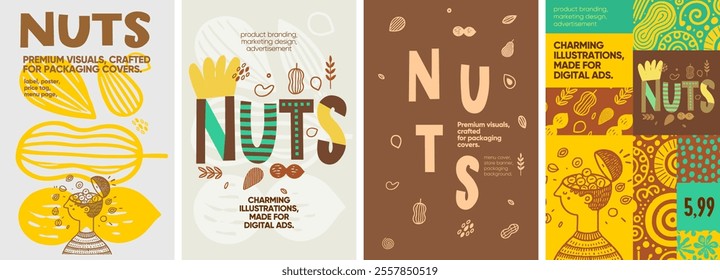 Nuts. Elegant and charming nut-inspired designs with hand-drawn elements, tailored for food packaging, promotional materials, and branding.