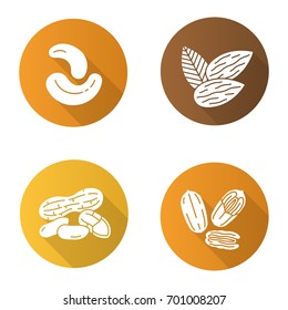 Nuts flat design long shadow glyph icons set. Almond, peanut, cashew and pecan nuts. Vector silhouette illustration