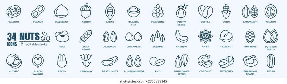 Nackt flache Symbole gesetzt. Erdnuss, Mandeln, Kastanien, Macadamia, Cashew, Pistazien, Kiefernkerne, Vektorgrafiken. Rahmenzeichen für ein gesundes Lebensmittelgeschäft. Pixel perfekt 64x64. Bearbeitbare Schlaganfälle 