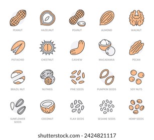 Nuts flat line icons set. Peanut, almond, chestnut, macadamia, cashew, pistachio, pine seeds, nutmeg vector illustrations. Outline signs for healthy food store. Orange Color. Editable Strokes