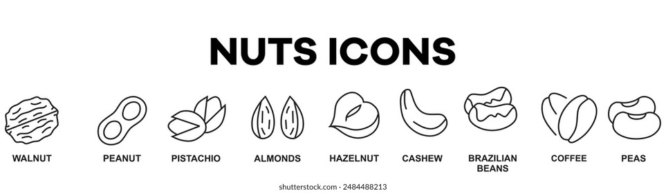 Conjunto de iconos de línea plana de tuercas. Cacahuete, almendra, castaño, macadamia, anacardo, pistacho, semillas de pino Ilustraciones vectoriales. Píxel perfecto 64x64. Trazos editables.