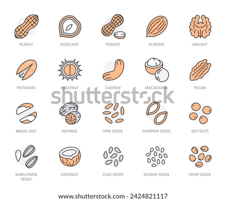 Nuts flat line icons set. Peanut, almond, chestnut, macadamia, cashew, pistachio, pine seeds, nutmeg vector illustrations. Outline signs for healthy food store. Orange Color. Editable Strokes
