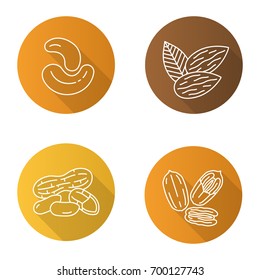 Nuts flat linear long shadow icons set. Almond, peanut, cashew and pecan nuts. Vector outline illustration