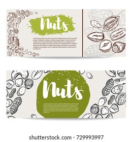 Nuts. Flyer template with border from nuts illustrations. Design element for poster, flyer, banner. Vector illustration