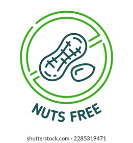 Nuts free icon, sign of peanut for food allergy and allergic products intolerance information, vector symbol. Nuts free ingredient icon for healthy nutrition and food non containing nut allergens