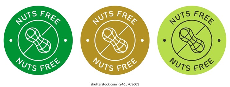 Diseño de Vector de etiqueta libre de nueces para el embalaje. No hay icono de cacahuetes. Pegatina de color de producto libre de alérgenos alimentarios. Ilustración, logotipo, símbolo, signo, sello, etiqueta, emblema, marca o sello para el paquete.