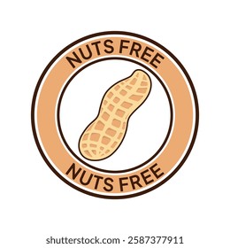 Nuts free label vector design for packaging. No peanuts icon. Food allergens free product color sticker. Illustration, logo, symbol, sign, stamp, tag, emblem, mark or seal for package.