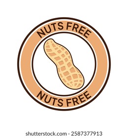 Nuts free label vector design for packaging. No peanuts icon. Food allergens free product color sticker. Illustration, logo, symbol, sign, stamp, tag, emblem, mark or seal for package.