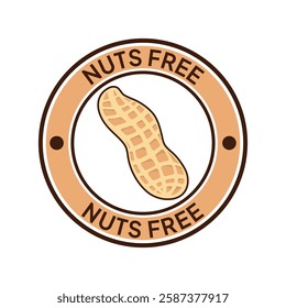 Nuts free label vector design for packaging. No peanuts icon. Food allergens free product color sticker. Illustration, logo, symbol, sign, stamp, tag, emblem, mark or seal for package.