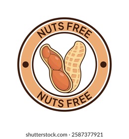 Nuts free label vector design for packaging. No peanuts icon. Food allergens free product color sticker. Illustration, logo, symbol, sign, stamp, tag, emblem, mark or seal for package.