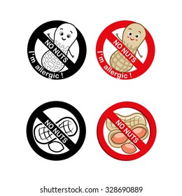Nuts Free Symbol Set With Text "No Nuts - I`m Allergic. Vector Illustrations On A White Background. Nuts Free Desserts. Nuts Free Vector. Nuts Free Symbol. Food Allergy.