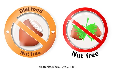 nuts free. Vector illustration showing a hazelnuts inside a forbidden sign, for nuts free products