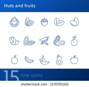 Nuts and fruits icons. Set of line icons on white background. Pea, acorn, pistachio. Vegetarian concept. Vector illustration can be used for topics like healthy eating, food, dieting