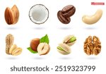 Nuts and grains, high quality 3d realistic vector set. Almond, coconut, coffee, cashew, peanut, hazelnut, pistachio, walnut