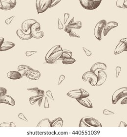 Nuts hand drawn doodles seamless pattern. Almond and pecan nut, endless pattern with nuts illustration