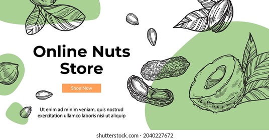 Nuts and healthy ingredients in online store with assortment of useful food and meal. Nutrition and dieting, ecologically friendly almond. Website or webpage template, landing page, vector in flat