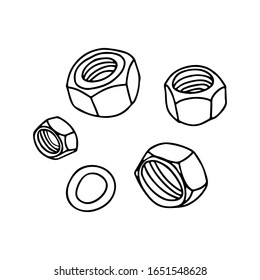 Tuercas para pernos hexagonales en forma de doodle. Esquema aislado. Ilustración vectorial dibujada a mano en tinta negra sobre fondo blanco.