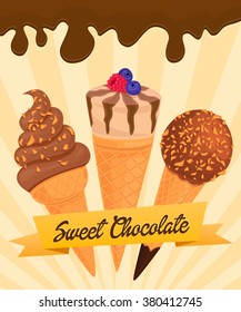 Nuts ice cream cone. Ice cream cone collection. Delicious dessert.
