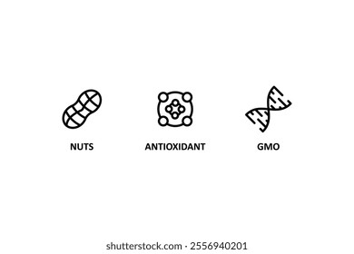 Nuts icon, antioxidant, gmo sign. Food allergen icons. Allergen free products. Products warning symbols.