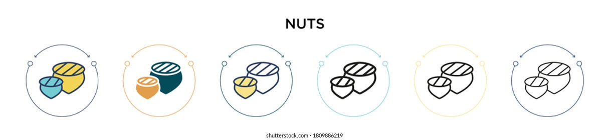 Nuts icon in filled, thin line, outline and stroke style. Vector illustration of two colored and black nuts vector icons designs can be used for mobile, ui, web