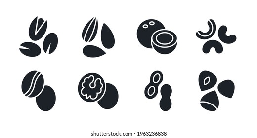 Nuts icon set. Black isolated silhouette. Fill solid icon. Modern design. Almond cashew coffee hazelnut peanut pistachios walnut coconut vector collection. Modern design. Healthy food and vitamins