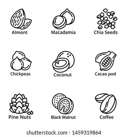 Nuts icon set. Outline set of 9 nuts vector icons for web design isolated on white background