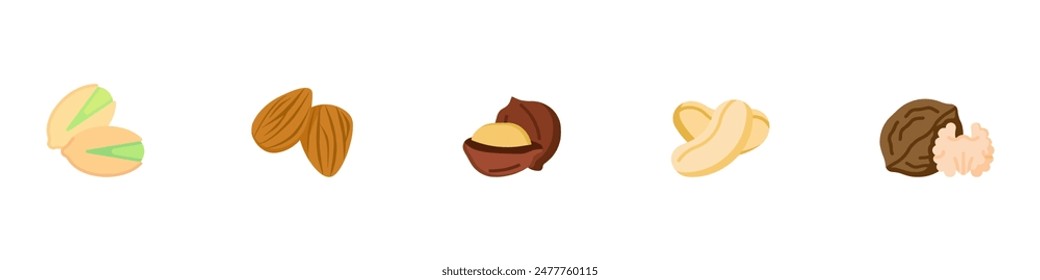 Nuts icon. Nuts icon set. Pistachio, Almond, Hazelnut, Cashew, Walnut. Vector Illustration. Vector Graphic. EPS 10