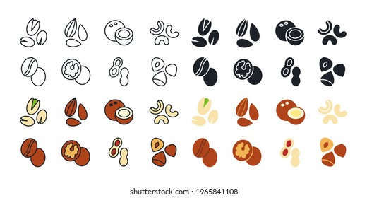 Nuts icon set. Vector linear flat color icon of nuts. Silhouette isolated on white. Almond cashew coffee hazelnut peanut pistachios walnut coconut collection. Modern design. Healthy food and vitamins