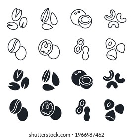 Nuts icon set. Vector linear icons, contour, outline. Silhouette isolated on white. Almond cashew coffee hazelnut peanut pistachios walnut coconut collection. Modern design. Healthy food and vitamins