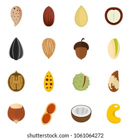 Nuts icons set. Flat illustration of 16 nuts vector icons isolated on white background