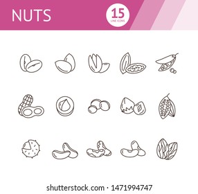 Nuts icons. Set of line icons on white background. Cocoa bean, Brazil nuts, soy nuts. Dieting concept. Vector illustration can be used for topics like healthy eating, organic food, nutrition