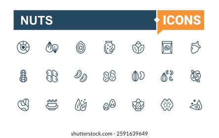 Nuts icons set in linear style. Featuring brazil, organic, snack, pistachio, element, peas and more. Thin outline icons pack. Outline and solid pictogram.