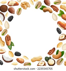 nuts are laid out in a circle with space for text in the middle. nuts on a white background. realistic vector icons