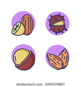 Conjunto de iconos de la línea Tuercas. Almendras, castañas, cáscaras, macadamia, nueces. Tipos de tuercas concept.Ilustración vectorial para Diseño web y App