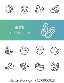 Nuts line icon set. Peanut, hazel nut, almond. Food concept. Can be used for topics like vegan diet, organic nutrition, health care