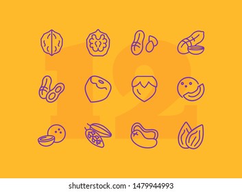 Nuts line icon set. Peanut, hazel nut, almond. Food concept. Can be used for topics like vegan diet, organic nutrition, health care