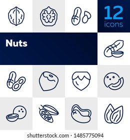 Nuts line icon set. Peanut, hazel nut, almond. Food concept. Can be used for topics like vegan diet, organic nutrition, health care