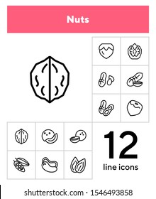 Nuts line icon set. Peanut, hazel nut, almond. Food concept. Can be used for topics like vegan diet, organic nutrition, health care