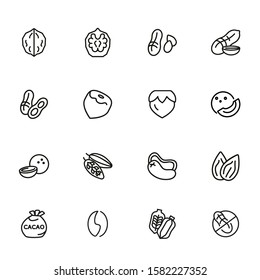 Nuts line icon set. Peanut, hazel nut, almond. Food concept. Can be used for topics like vegan diet, organic nutrition, health care