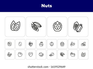 Nuts line icon set. Peanut, hazel nut, almond. Food concept. Can be used for topics like vegan diet, organic nutrition, health care