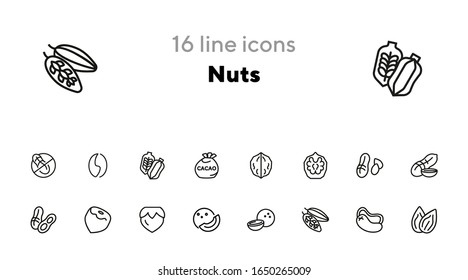 Nuts line icon set. Peanut, hazel nut, almond. Food concept. Can be used for topics like vegan diet, organic nutrition, health care