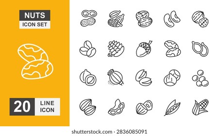 Nuts Line Icons Collection Featuring Peanut, Almond, Walnut, Pistachio, and Seeds