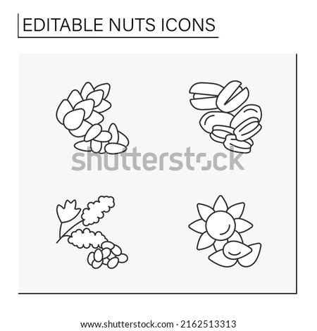  Nuts line icons set. Cedar, pecans, quinoa and sunflower seeds.Ingredients for food preparation.Balanced nutrition concept. Isolated vector illustration. Editable stroke
