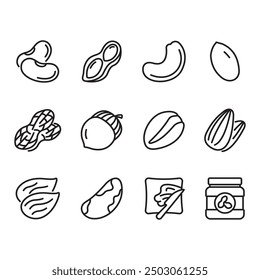 Nuts line icons set. Hazelnuts, Almonds, Peanut Butter and Peanuts.