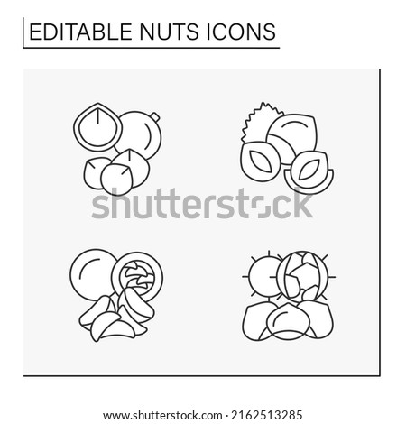  Nuts line icons set. Macadamia and brazilia nut, hazelnut, chestnuts. Ingredients for food preparation.Balanced nutrition concept. Isolated vector illustration. Editable stroke